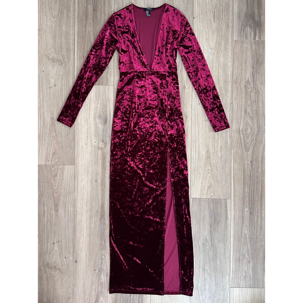 F21 Burgundy Crushed Velvet Maxi Dress Glam Goth Bodycon Y2K Dark‎ Academia